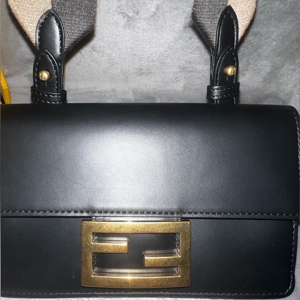 Authentic Fendi Flat Baguette Black Leather Mini Bag